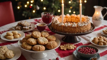 Et fargerikt og invitende julebord med ulike tradisjonelle norske julegodterier, inkludert julegodteri.