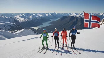 En gruppe skiløpere i et fjellandskap, med et norsk flagg i bakgrunnen.