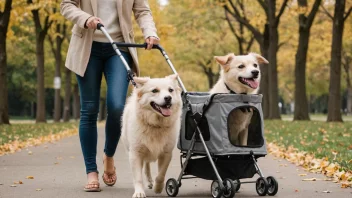 En hundevogn med en glad hund inni, som blir dyttet av en person i en park.