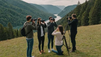 En gruppe mennesker holder kameraer og tar bilder i et naturskjønt utendørs miljø.