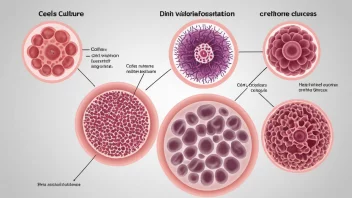 En illustrasjon av celldyrkingsprosessen, som viser celler som vokser, deler seg og differensierer seg i et kontrollert miljø.