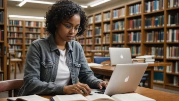 En student som studerer i biblioteket med bøker og laptop, omgitt av symboler fra ulike akademiske fag.