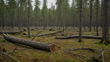 En skog med trær som dør eller har falt, med en bakgrunn av et norsk landskap.