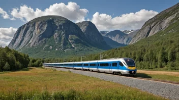 Et regiontog i Norge, med en rød og sølv farge, passerer gjennom en grønn dal omgitt av fjell.