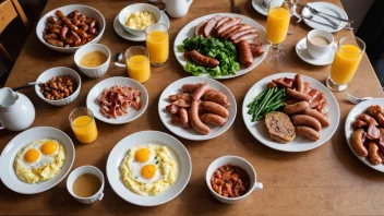 Et bilde av en tradisjonell norsk lørdagsfrokost med en rekke matvarer på et bord.