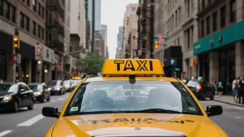 En taxi kjører ned en bygate med en lys skilt på taket som viser selskapets logo og telefonnummer.