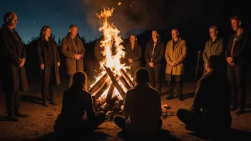 En gruppe mennesker samlet rundt et bål, utfører en rituale for å markere en viktig overgang i livet.