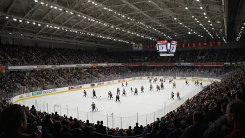 En stor innendørs ishockeyarena med et fullt publikum som heier på sitt lag