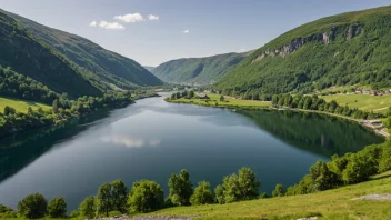 En malerisk dal med en fredelig atmosfære, omgitt av frodige grønne åser og en rolig innsjø.