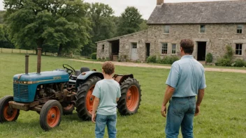 En familie på fire som står foran en gård med en traktor og åkre i bakgrunnen