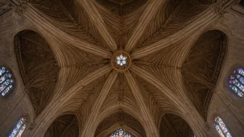 En hvælvet takhvelving i en vakker katedral, som viser de intrikate detaljene i hvælvingen.