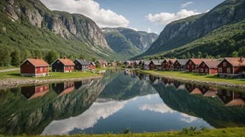 En malerisk landsby i Norge med tradisjonelle hus og en storslagen natur.