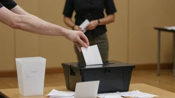 En person som teller stemmer, med en stemmeboks og stemmesedler i bakgrunnen.