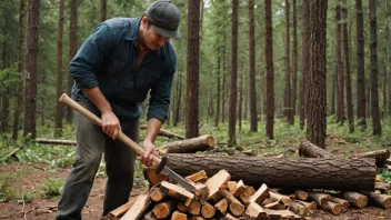 En person som hugger ved med en øks i en skog.