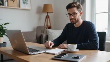 En person som jobber hjemmefra med en laptop og en kopp kaffe.