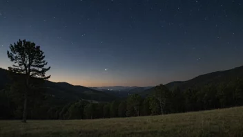 Et fredelig landskap i skumringen, med en mørk blå himmel og noen få stjerner som begynner å dukke opp.