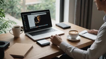 En person som jobber hjemmefra, sitter ved et skrivebord med en laptop og en kopp kaffe.