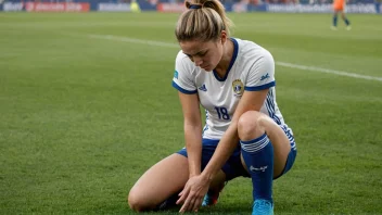 En kvinnelig fotballspiller som holder kneet sitt i smerte, muligens på grunn av en overgangsskade.