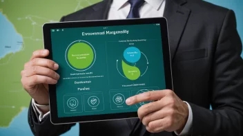 En person i dress som holder en tablet med et diagram av et miljøledelsessystem på skjermen.