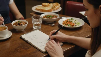 En restauratanmelder som skriver en anmeldelse i en notatbok mens han sitter ved et bord på en restaurant.