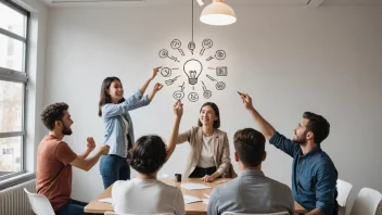 En person som står foran en whiteboard fylt med fargerike lapper og leder et team av mennesker med laptoper og notatbøker