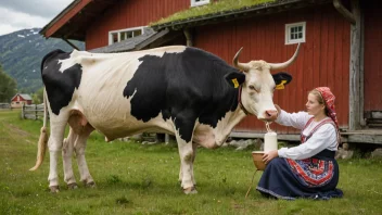 Ei kvinne i tradisjonell norsk klede mjølkar ei ku i ein landleg setting.