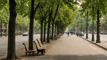 En vakker boulevard med en blanding av moderne og historiske bygninger, livlig atmosfære og fargerike farger.