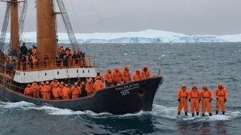 Et hvalfangstskip i Arktis, med mannskap i lyse oransje drakter og en hval i bakgrunnen.