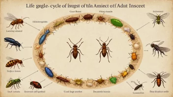 En illustrasjon av insekts livssyklus, som viser de forskjellige utviklingsstadiene.