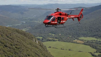 Et helikopter som yter redningstjenester, flyr over et vakkert landskap.