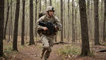 En soldat under utdanning, løper i skogen.