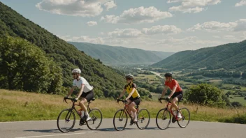 Et bilde av to personer som sykler sammen i tandem, med et naturskjønt landskap i bakgrunnen.