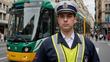 En person i trikkeføreruniform, stående foran en trikk.