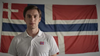 En person som står stolt foran et norsk flagg.