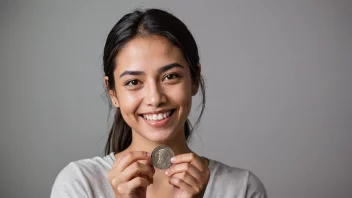 En person som er interessert i mynter, holder en og smiler