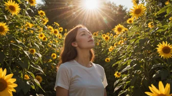 En person i en åker full av blomster, med solen skinnende ned.