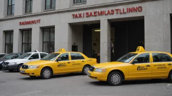 Et foto av en taxisammenslutningsbygning med taxier parkert utenfor.