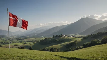 Et malerisk landskap av et land med et flagg som vifter i vinden, symboliserer et modelland.