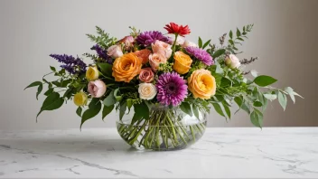 En vakker blomsterdekorasjon på et bord med hvit bakgrunn, med en variasjon av fargerike blomster og grønne planter.