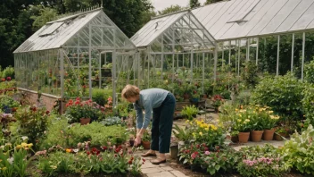 En person som driver med hobbydyrkning, omgitt av frodig grønnskap og fargerike blomster.