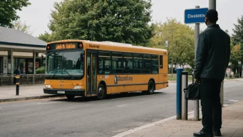 En person som venter på en bussholdeplass med en forsinket buss i bakgrunnen.