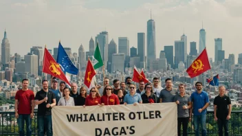 En gruppe mennesker som holder flagg og bannere, med en by i bakgrunnen