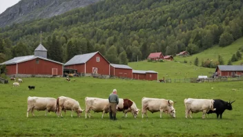 En tradisjonell norsk gård med dyr og et slakterhus i bakgrunnen.