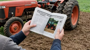 En person leser et tidsskrift med en traktor eller annet landbruksutstyr i bakgrunnen.