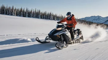 En motorsled i aksjon, med en person som kjører den, omgitt av snø og trær.