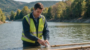 En person som jobber med vannhusholding, med en bakgrunn av en innsjø eller en elv.