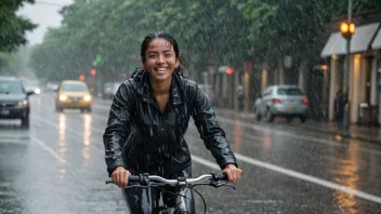 En person som sykler i kraftig regn, med et stort smil på ansiktet, omgitt av regndråper og vind.