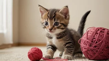 En liten, lurvete kitty som leker med en ball av garn på et tre-gulv