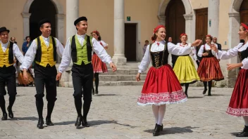 En gruppe slovenske dansere i tradisjonelle klær som utfører en livlig folkedans.