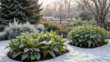 En hage med planter dekket av et frostvern, med snø og frost i bakgrunnen.